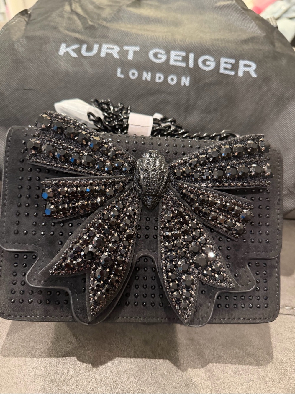 New Kurt Geiger Black Crystal Bow Suede Crossbody Bag